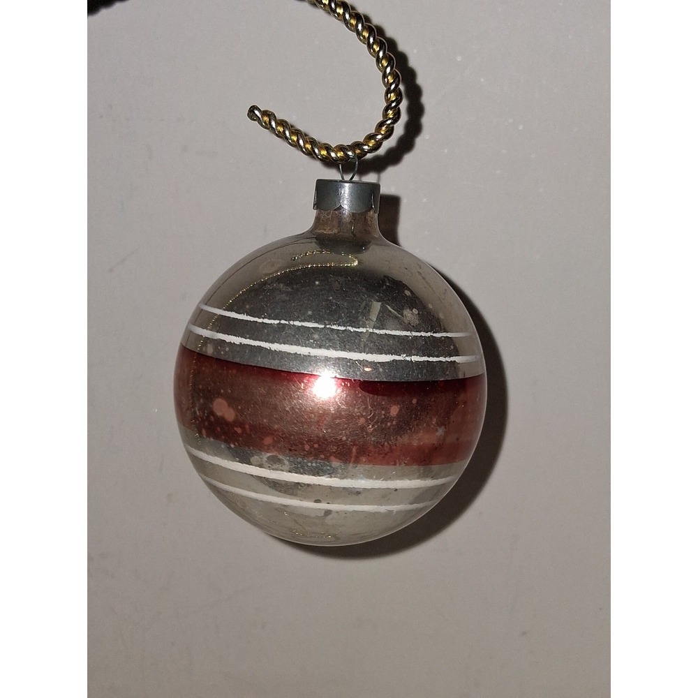 Vintage Made in U.S. of A. Glass Christmas Ornament Silver Red Striped 3"